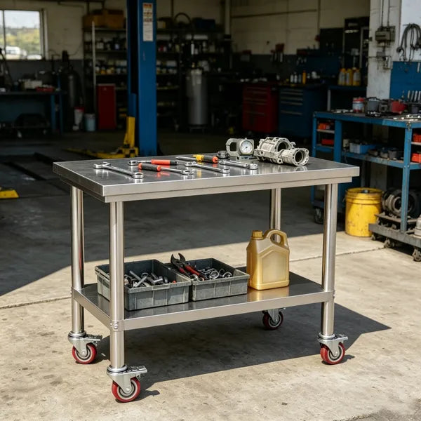 Sleek Metal Work Table With Adjustable Height And Shelf For Kitchen