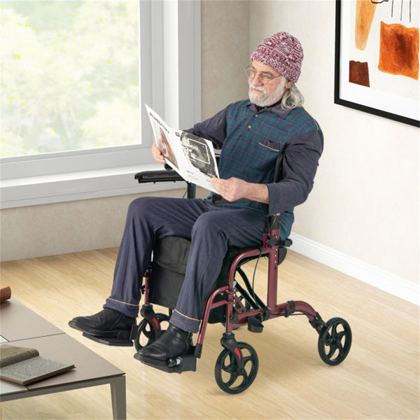 2-in-1 Rollator Walker and Wheelchair - Adjustable Handles, 300lbs Capacity, Red