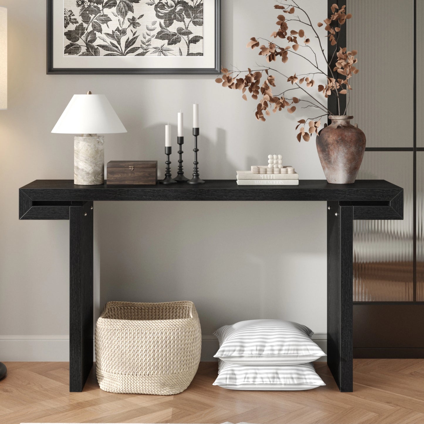 Rustic Farmhouse Console Table - Distressed Black Wood Finish