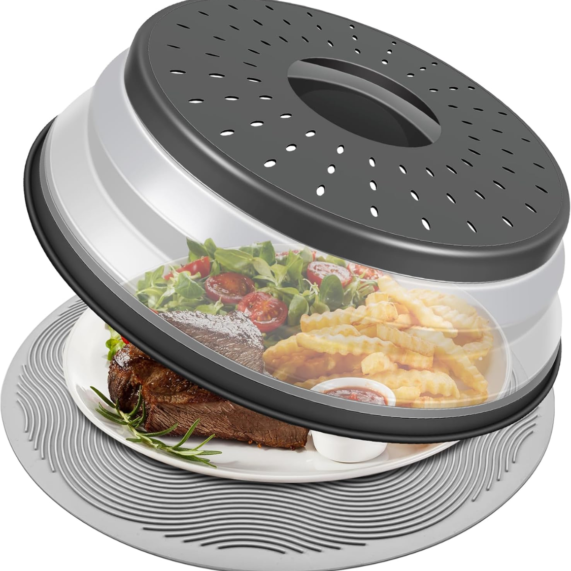 10-Inch Microwave Food Cover & Collapsible Silicone Mat - Charcoal
