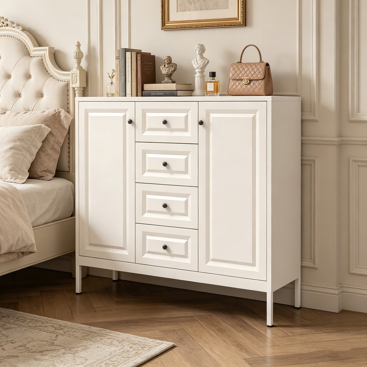 Beige 40.16'' Storage Sideboard Buffet Cabinet with 4 Drawers & 2 Doors
