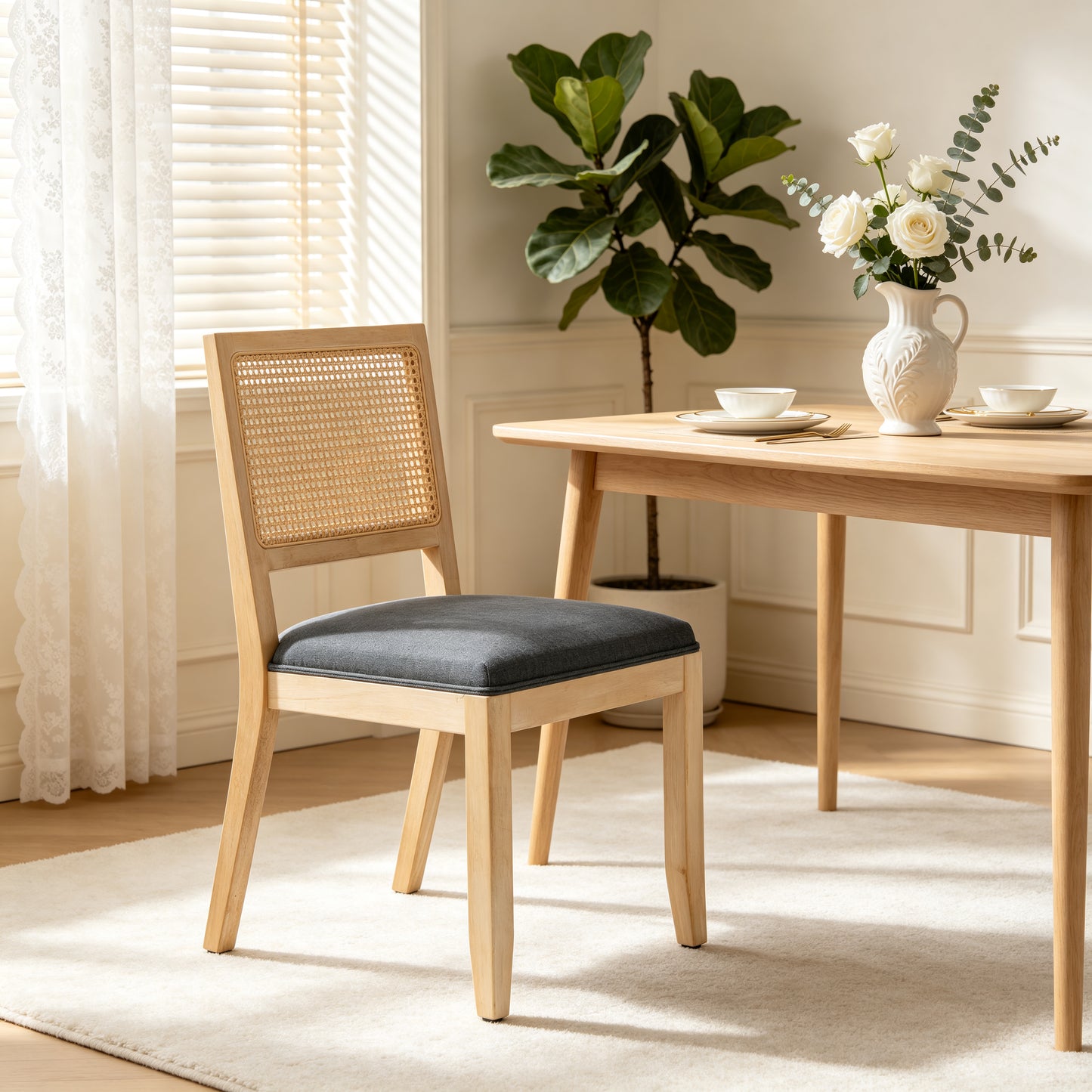 Mid Century Modern Rattan Dining Chairs Set of 2 - Grey