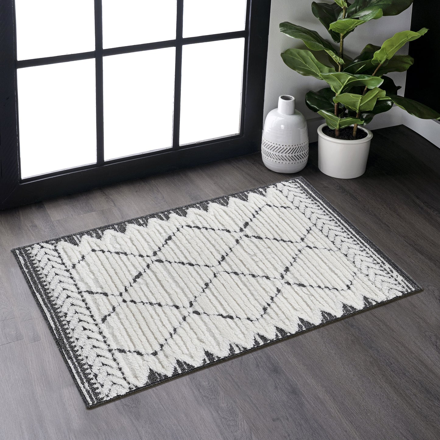 Step Collection High-Low Trellis Cream Anthracite Indoor Area Rug,
