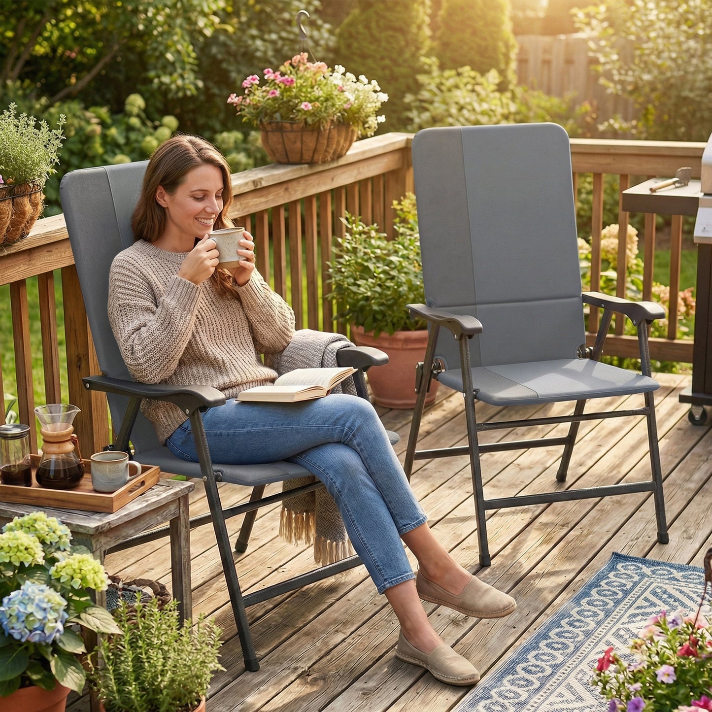 Folding Patio Chairs Set of 2 - Padded High Back Lawn Chairs