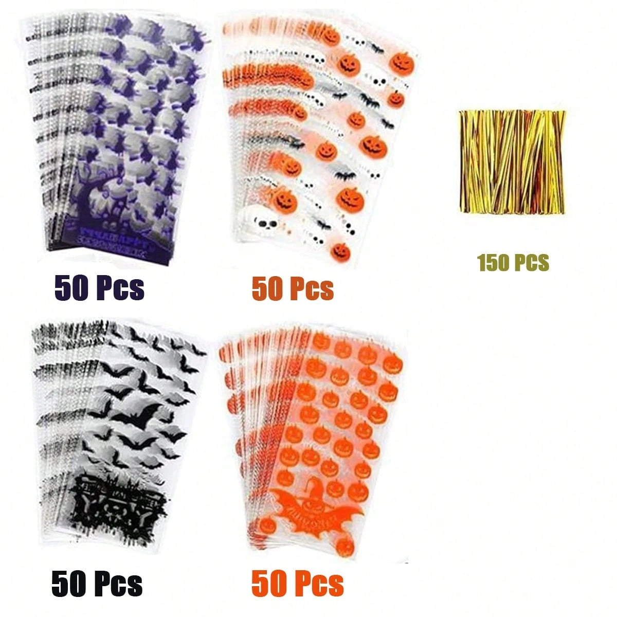 Halloween Gift Wrapping Bags - 200 Pcs Pumpkin & Bat Design