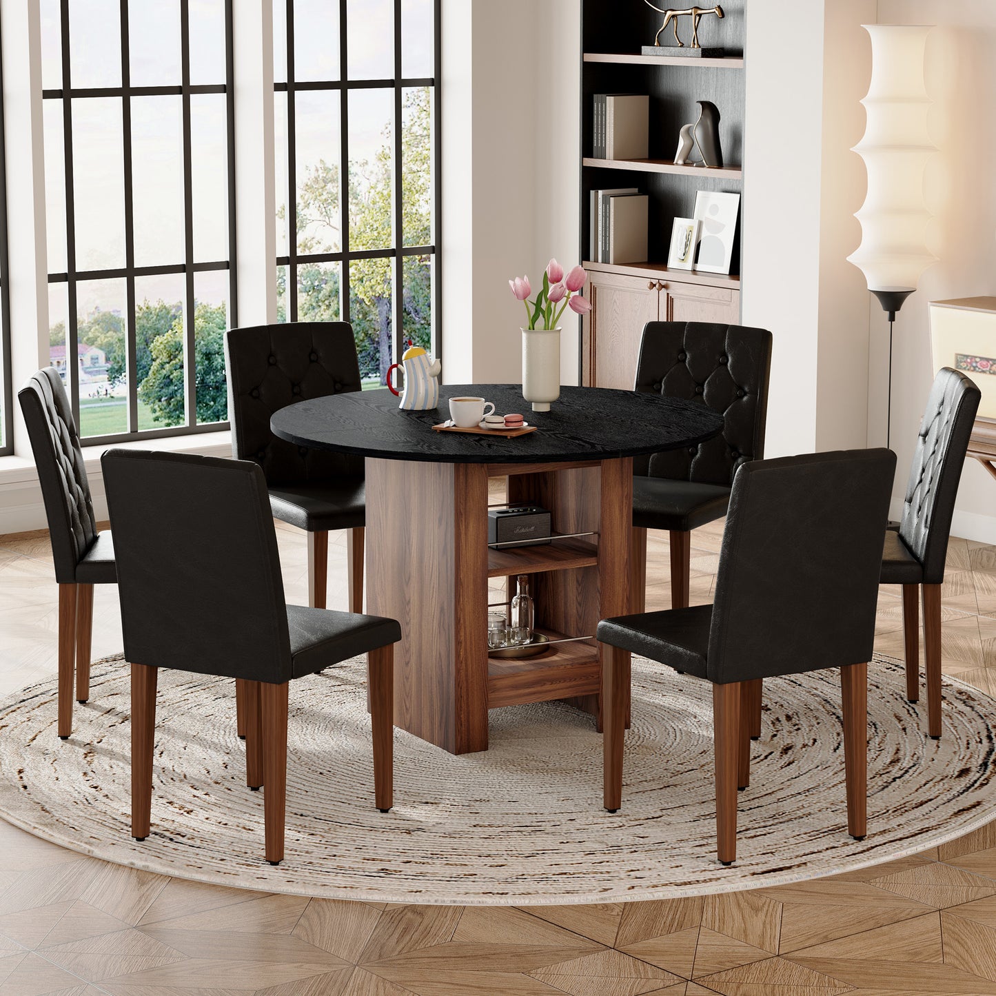 Table And Chair Set. 42 Inch Round MDF Black Dining With Double-layer