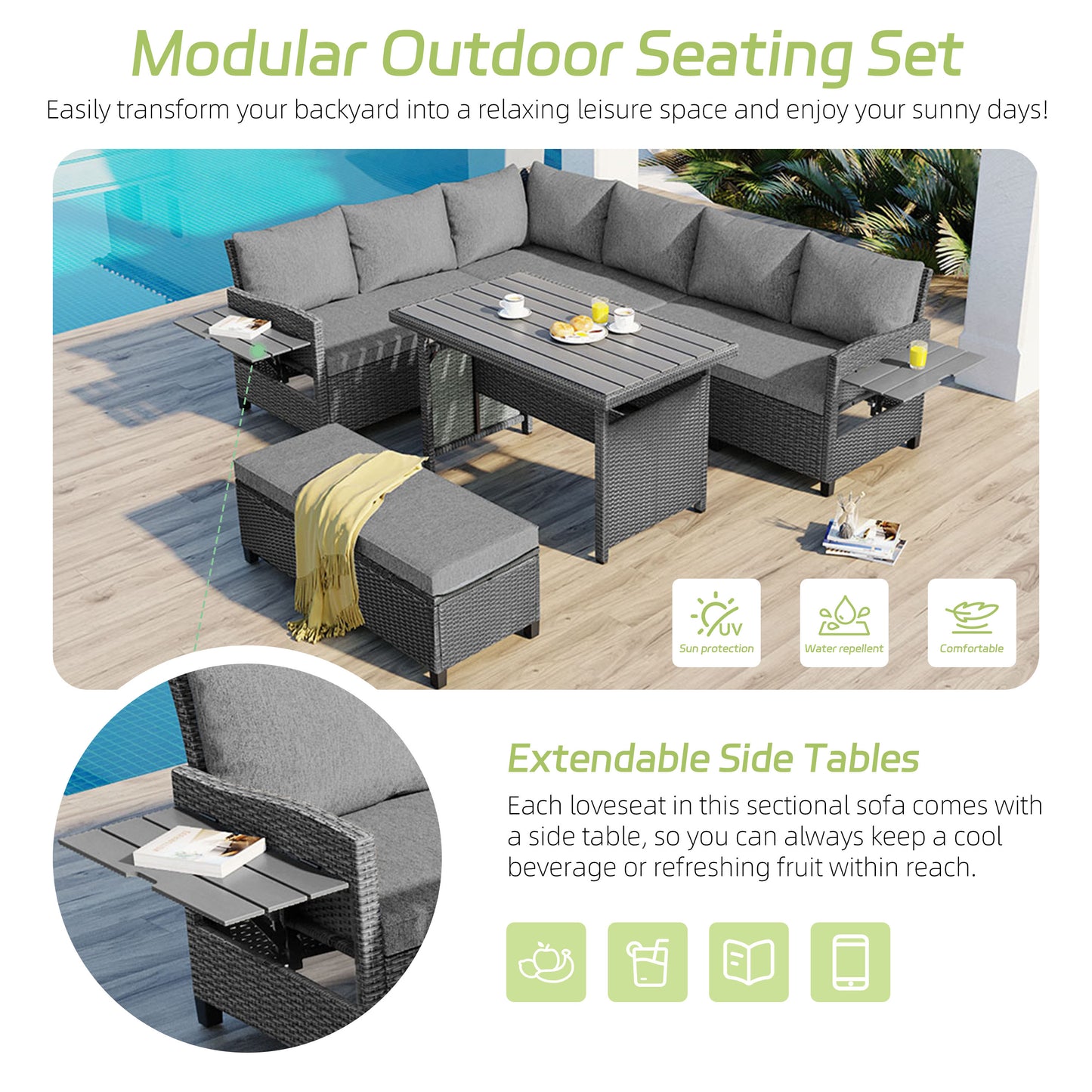 5-Piece Outdoor Patio Rattan Sofa Set with Dining Table & Side Tables - Grey