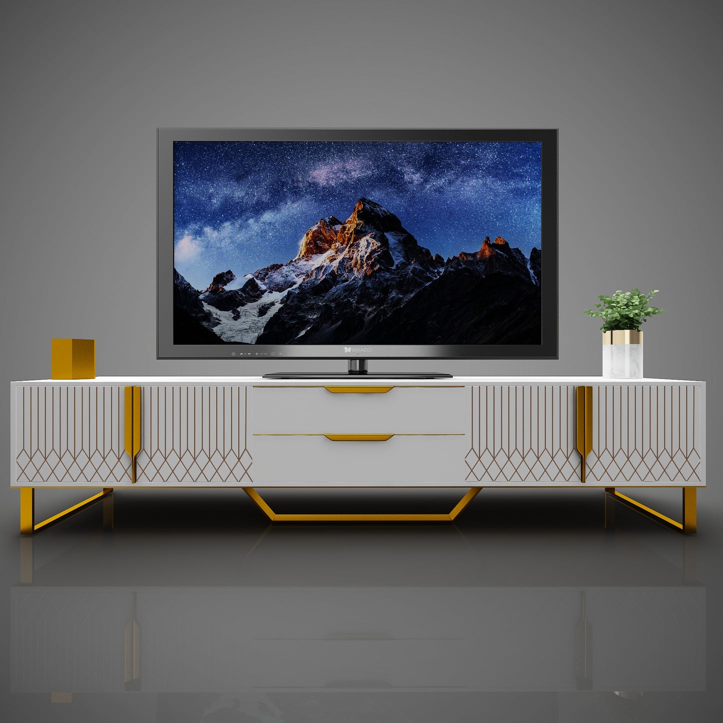 Modern TV Console with Storage Cabinets - Carve Design, White