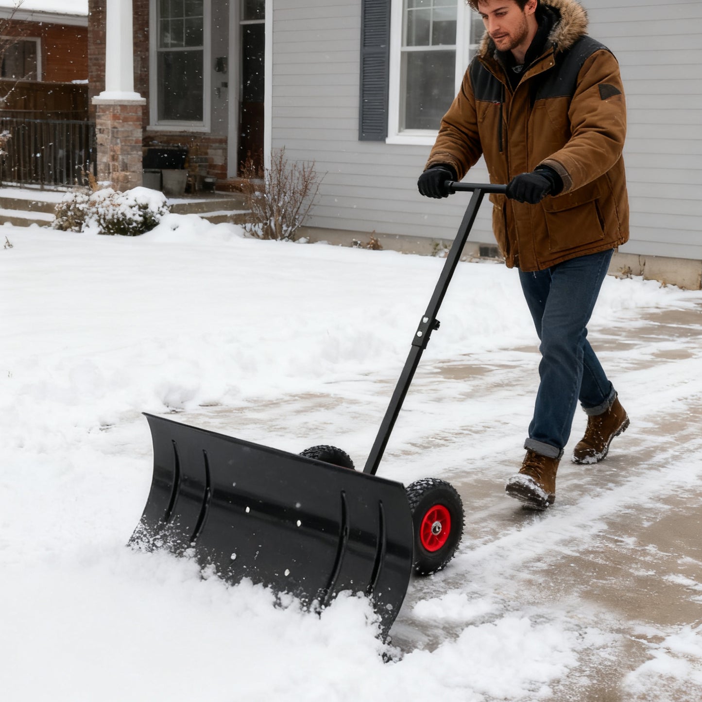 30-Inch Wide Metal Snow Plow with Adjustable Handle & Dual Wheel Options