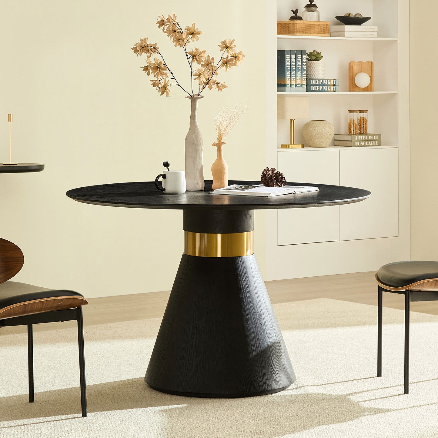 Round Dining Table with Black Pedestal Base & Gold Trim - 47.24"