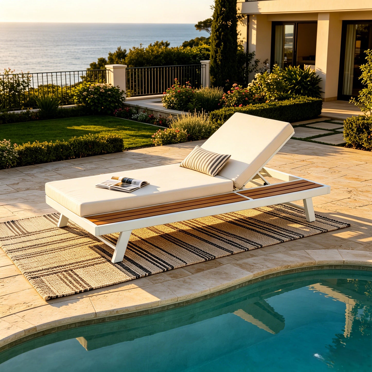 Teak Finish Chaise Lounge Set with Cream Cushion - 400 lbs Capacity