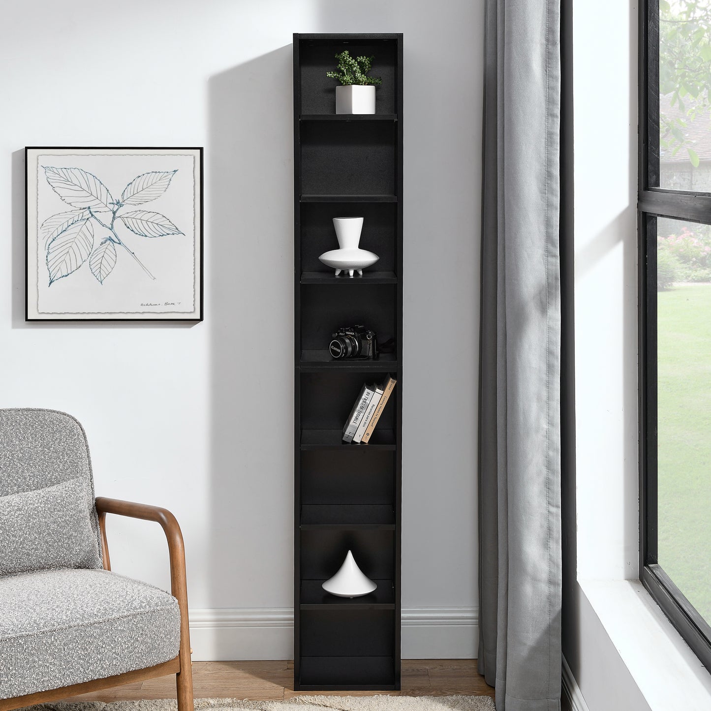 8-Tier Media Tower Rack - Slim Storage Cabinet with Adjustable Shelves - Black