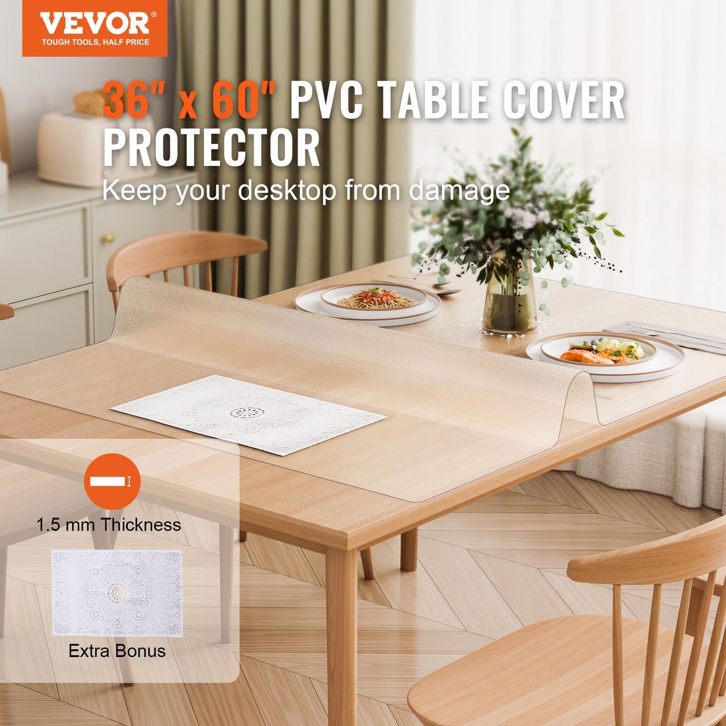 36x60 Inch PVC Table Protector - Frosted Plastic Cover, 1.5mm Thick