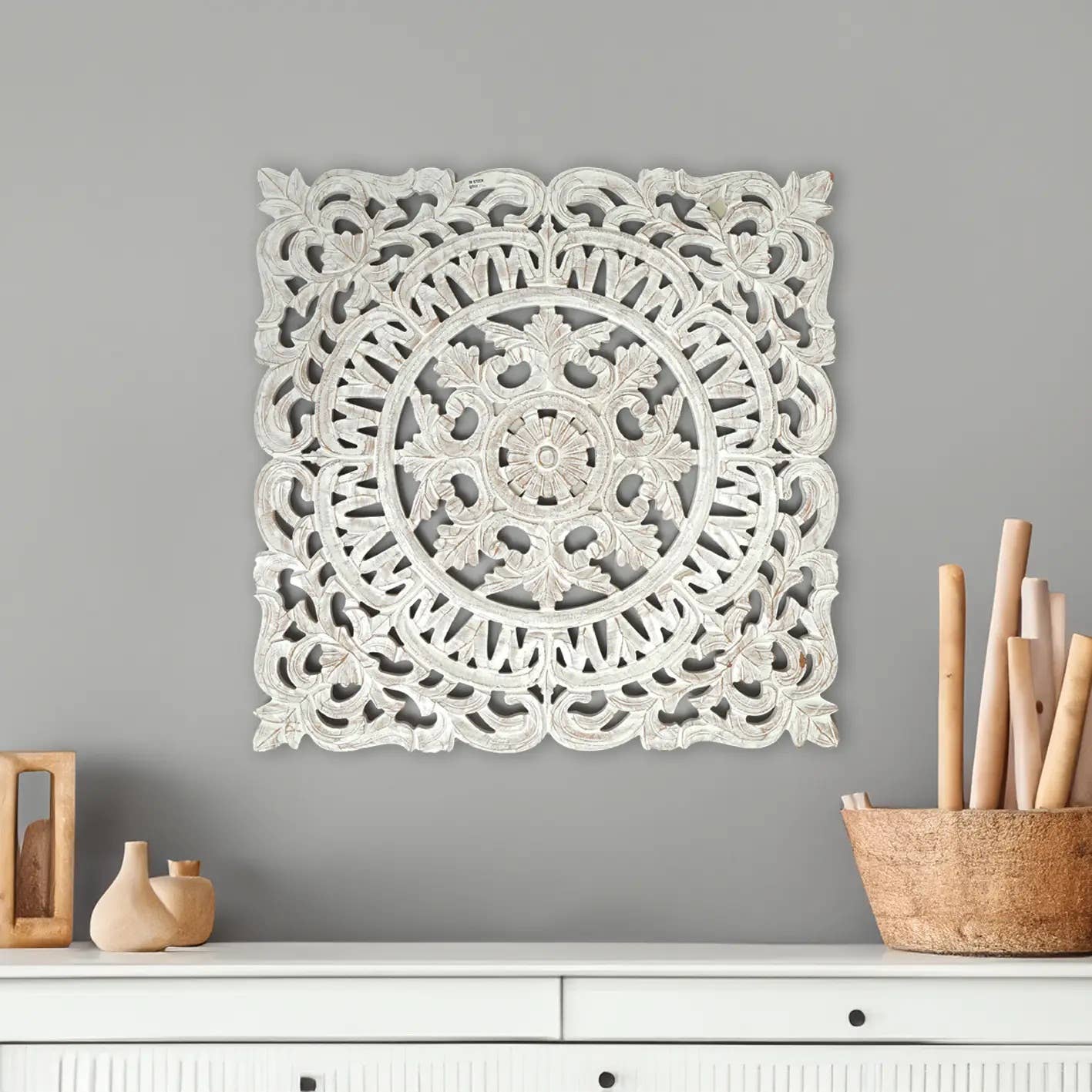 White Square Shape Handcrafted Wooden Wall Decor -36 X36 Elegant Home