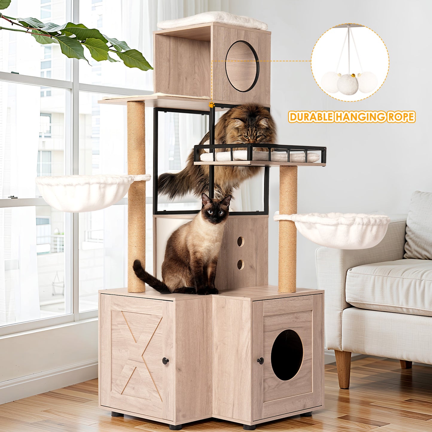 Multi-Functional Cat Tree with Litter Box, Scratching Posts & Washable Cushion - Rustic Gray