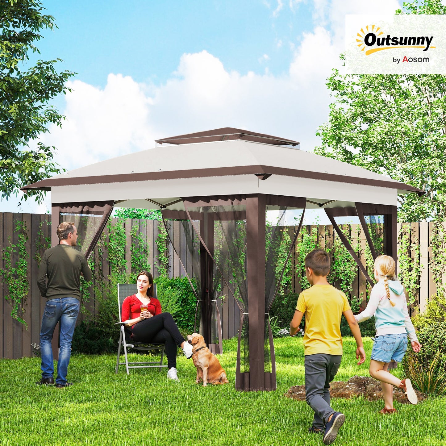 12x12 Pop-Up Canopy Tent with Mesh Sidewalls & Carry Bag - Beige/Brown