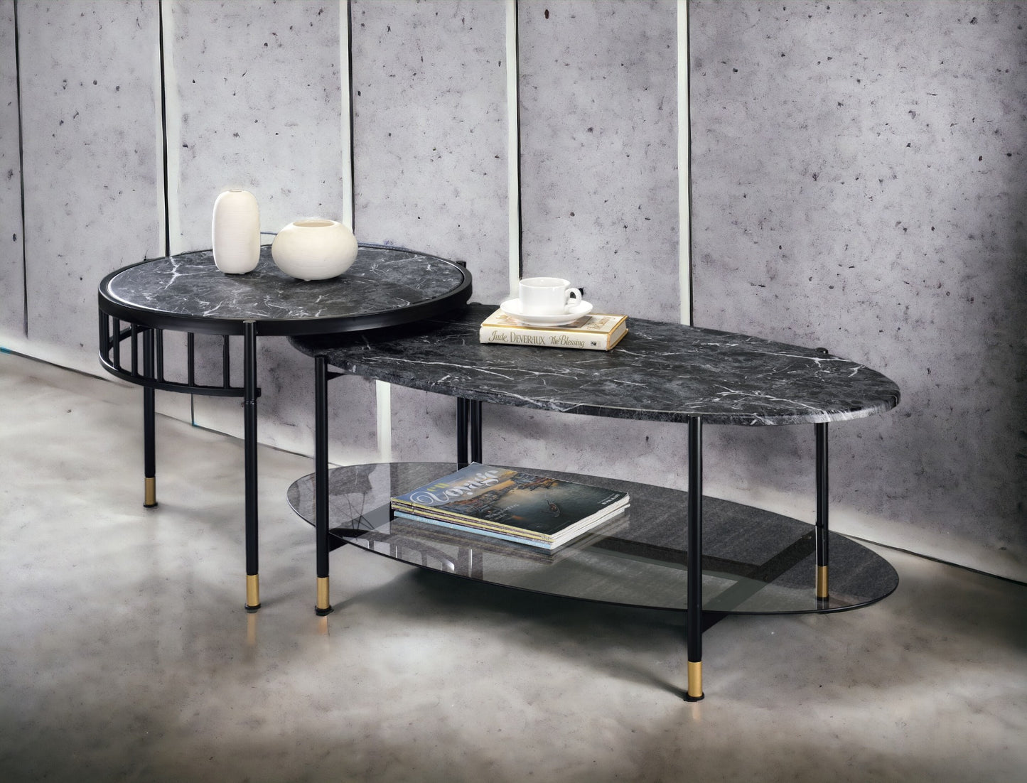 Silas Black Finish Nesting Table Set with Engineered Stone Top