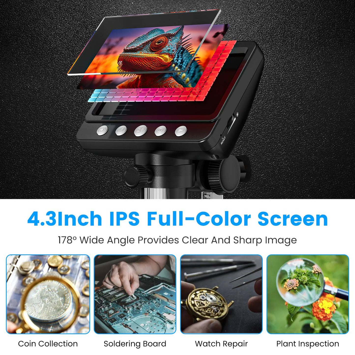 Digital Microscope 4.3 Inch LCD 1000X Magnification Photo Video with 8 LED Lights