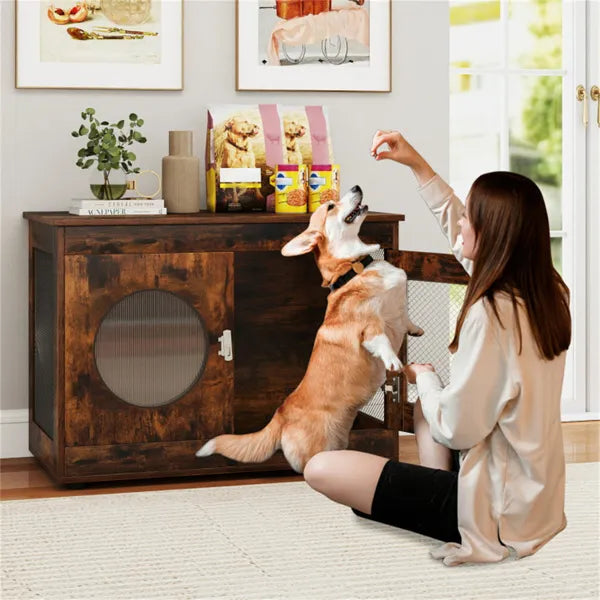 2-in-1 Dog Crate End Table - Rustic Brown, 88lbs Capacity, Farmhouse Style