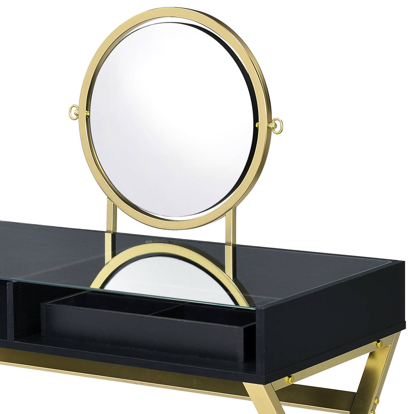 Black & Gold Finish Vanity Desk with Mirror & Jewelry Tray