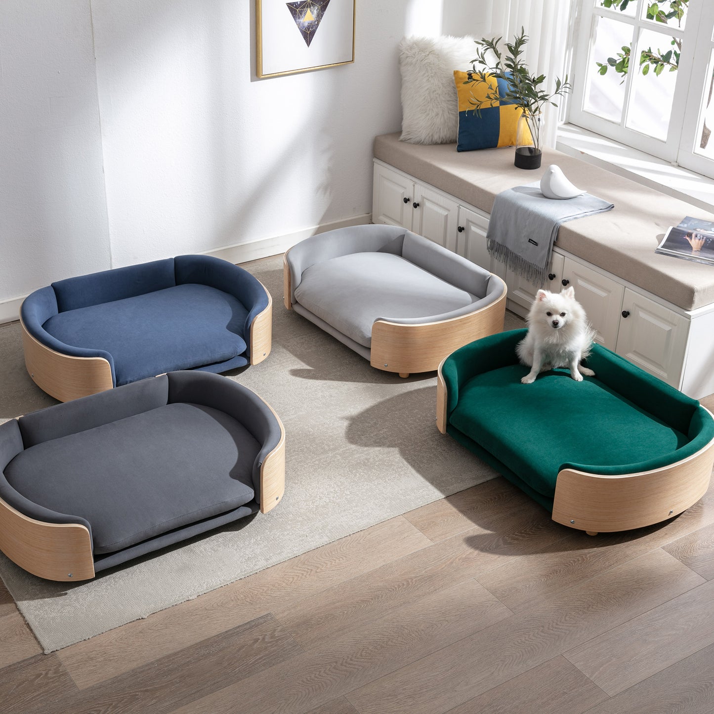 Large Scandinavian Style Elevated Dog Bed with Velvet Cushion and Solid Wood Legs