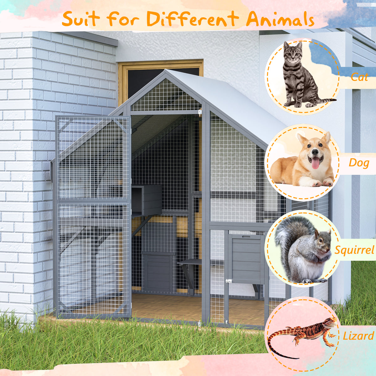 Outdoor Cat House with 2 Doors & Play Areas - Wooden Cat Enclosure, Grey
