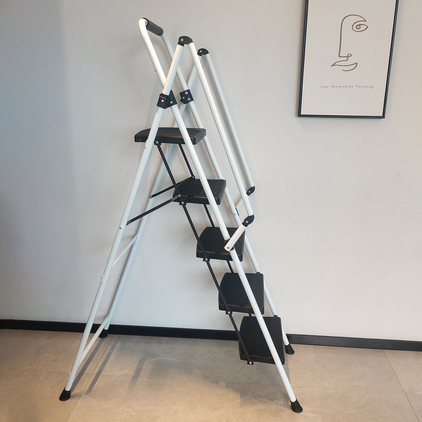 Folding Steel Ladder Stool with Anti-Slip Pedals - 5 Steps, White
