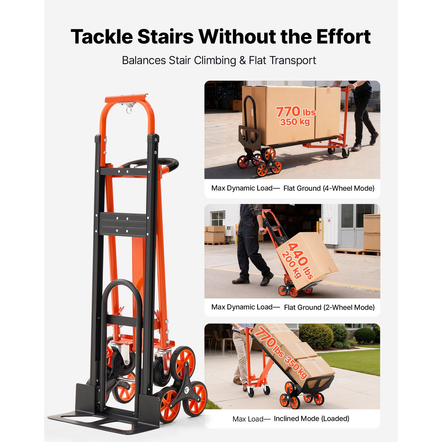 3-in-1 Industrial Stair Climbing Hand Truck Dolly - Max Load 770 Lbs, Folding Utility Cart with Wheels & Handle, Orange & Silver