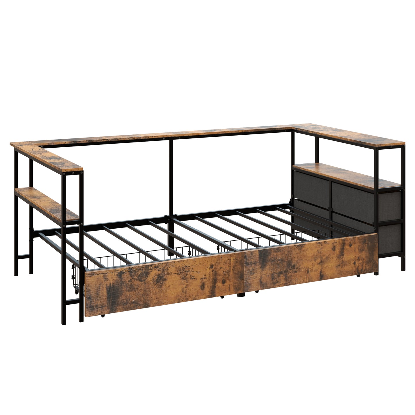 Twin Corner Daybed with Storage Drawers - Black Metal Frame