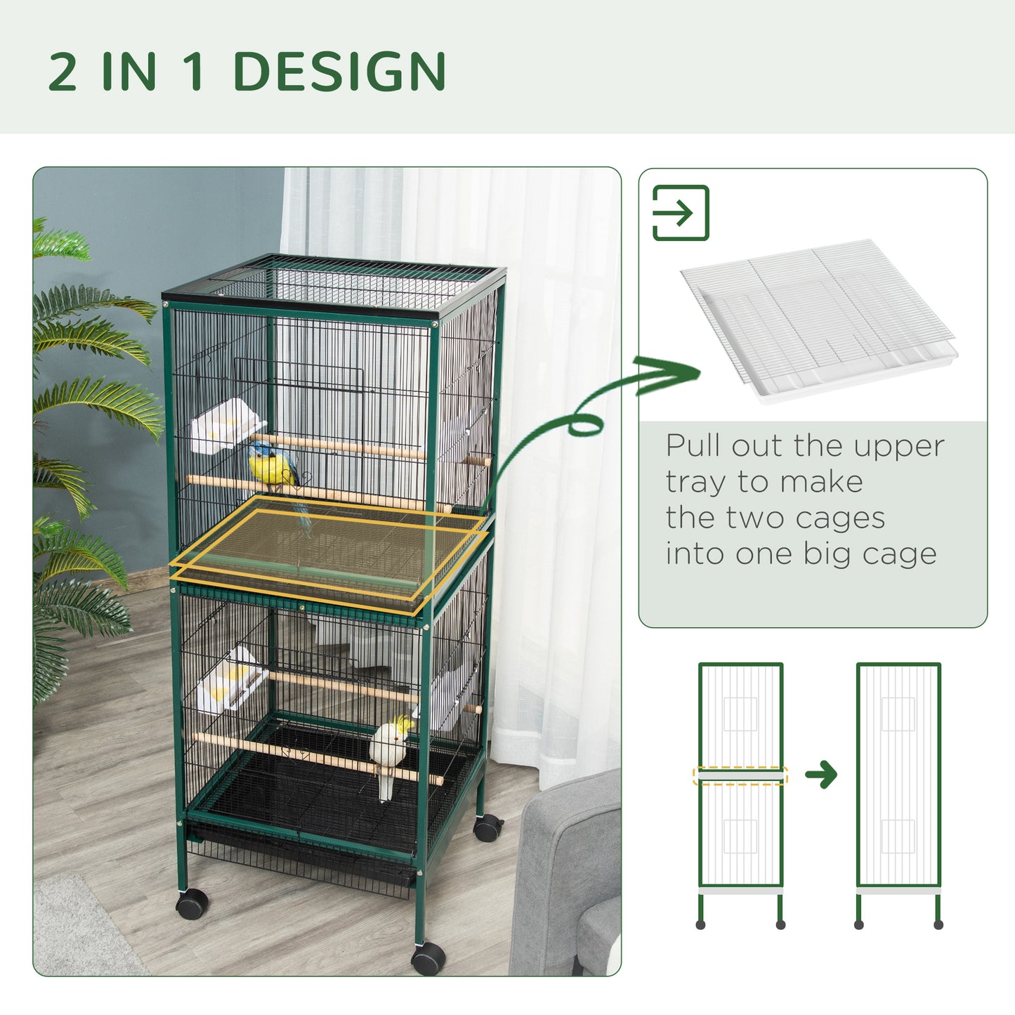 Large Indoor Bird Cage with Multi-Door Design, 1.7 ft Width for Canaries Finches Conures, Green