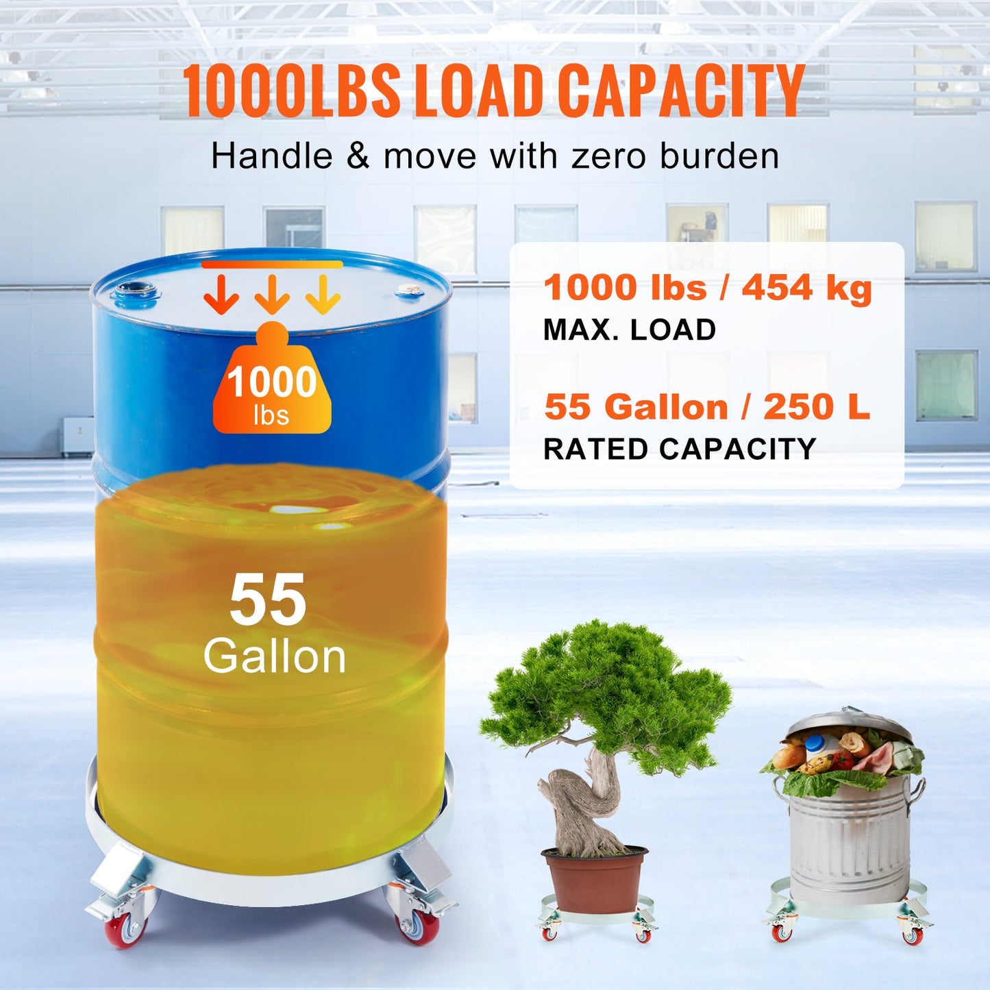 Heavy Duty 55 Gallon Drum Dolly - 1000 Lb Capacity, Steel Frame, Silver