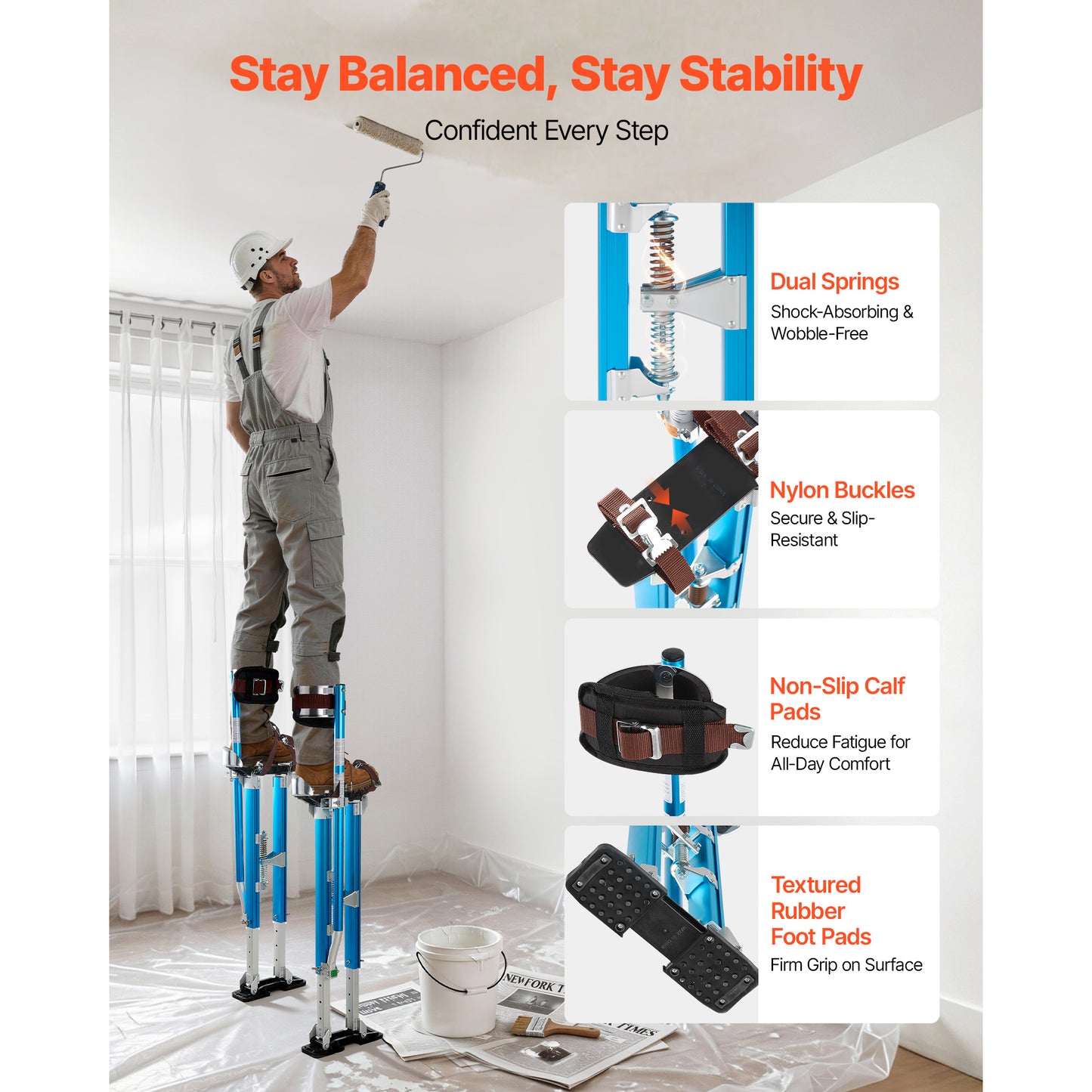 Adjustable Aluminum Drywall Stilts 24.2–40.3 Inch Load Capacity 228 lbs Non-Slip