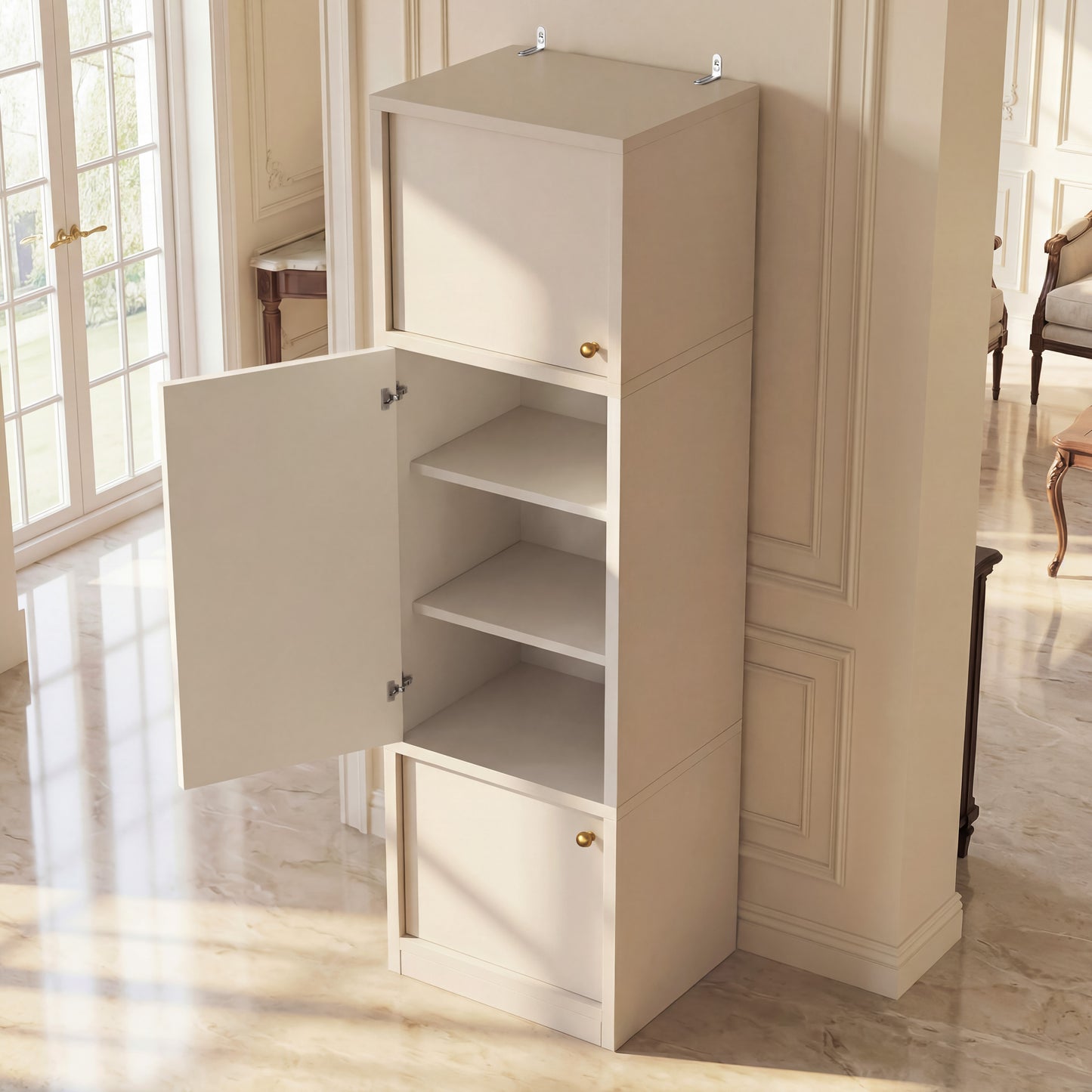 Tall Narrow Pantry Cabinet with Adjustable Shelves & Drawer - White