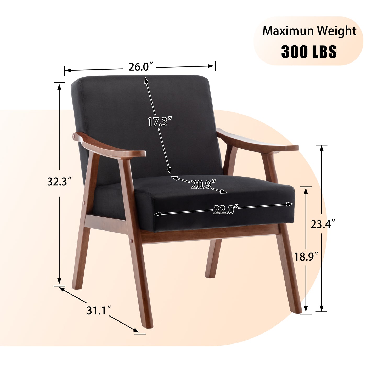 Mid-Century Modern Accent Chair - Black Velvet Lounge Chair