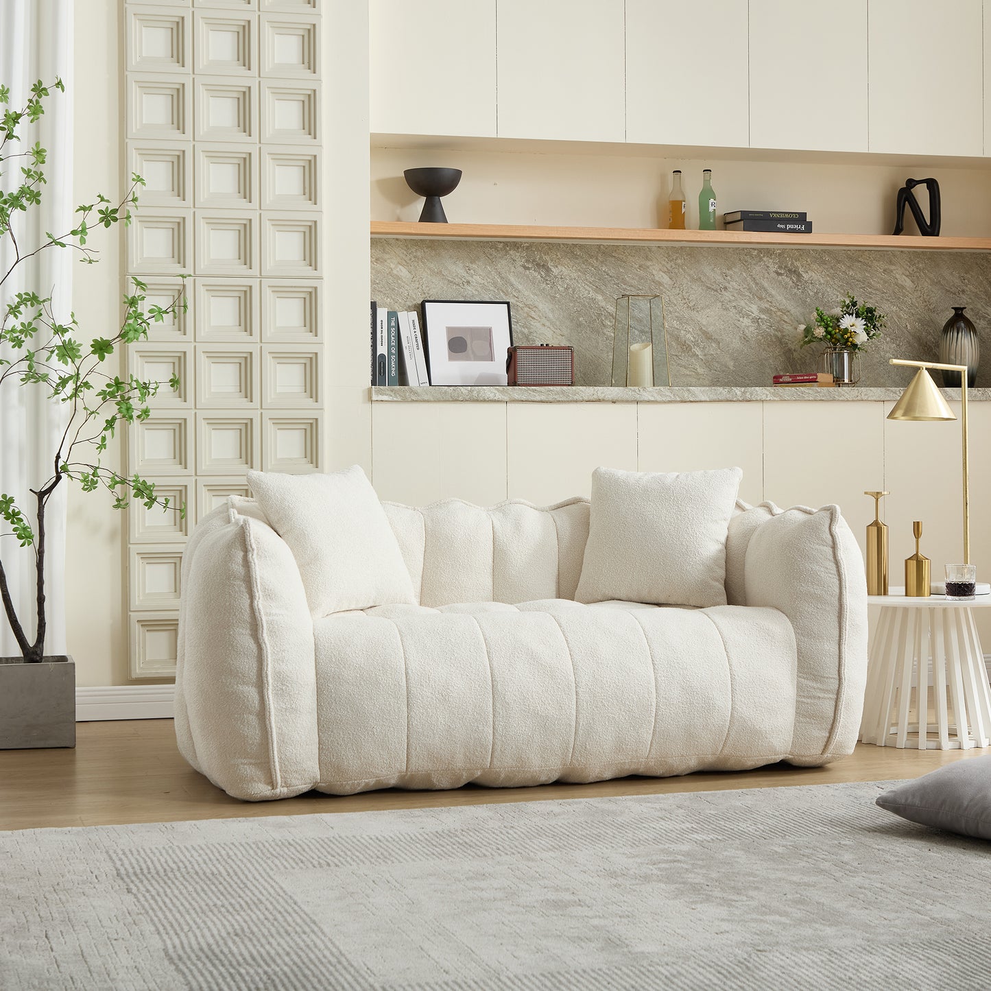 Comfortable Beanbag Chair for Two - Beige Chenille Sofa