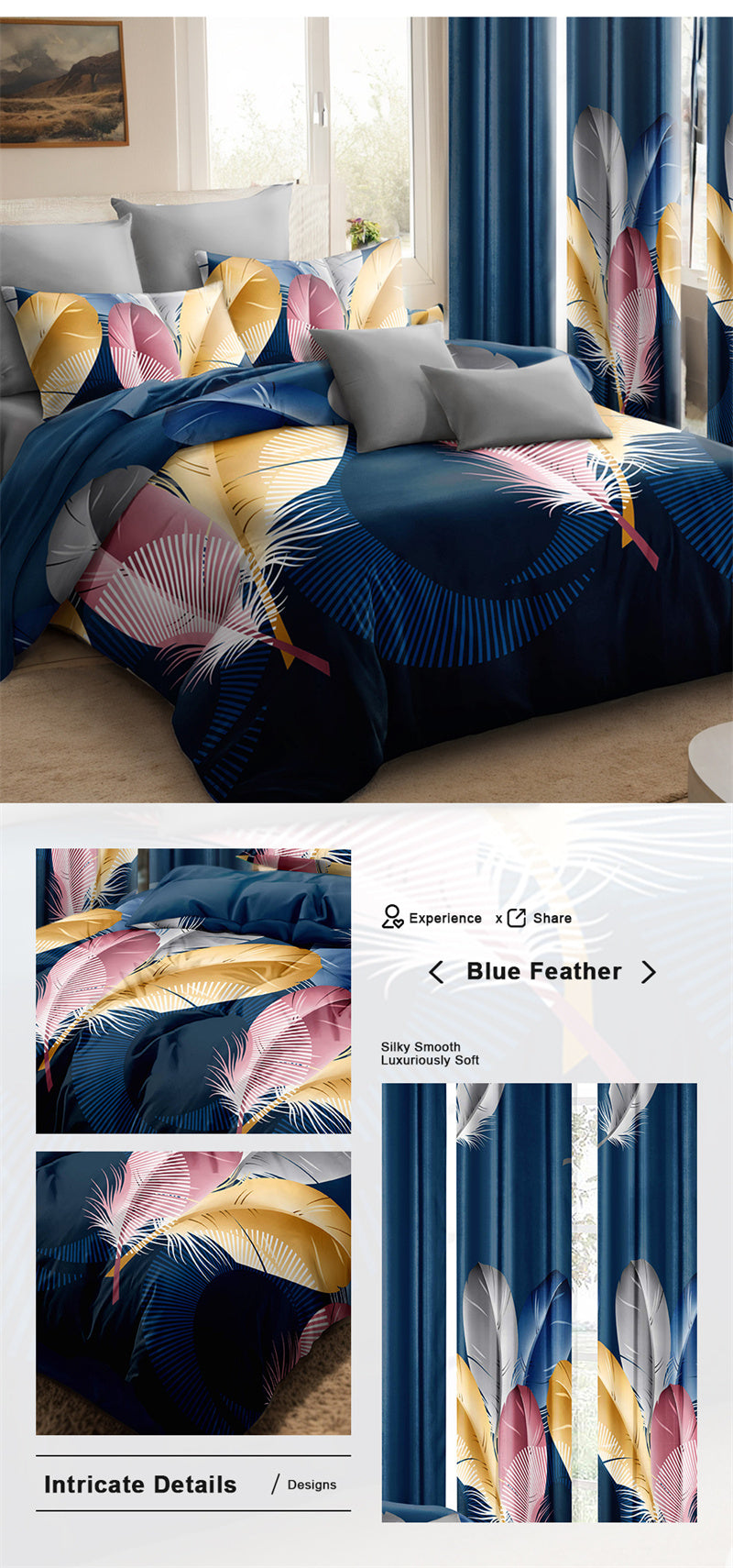 9-Piece Boho Feather Quilt and Curtain Set - Customizable Panels