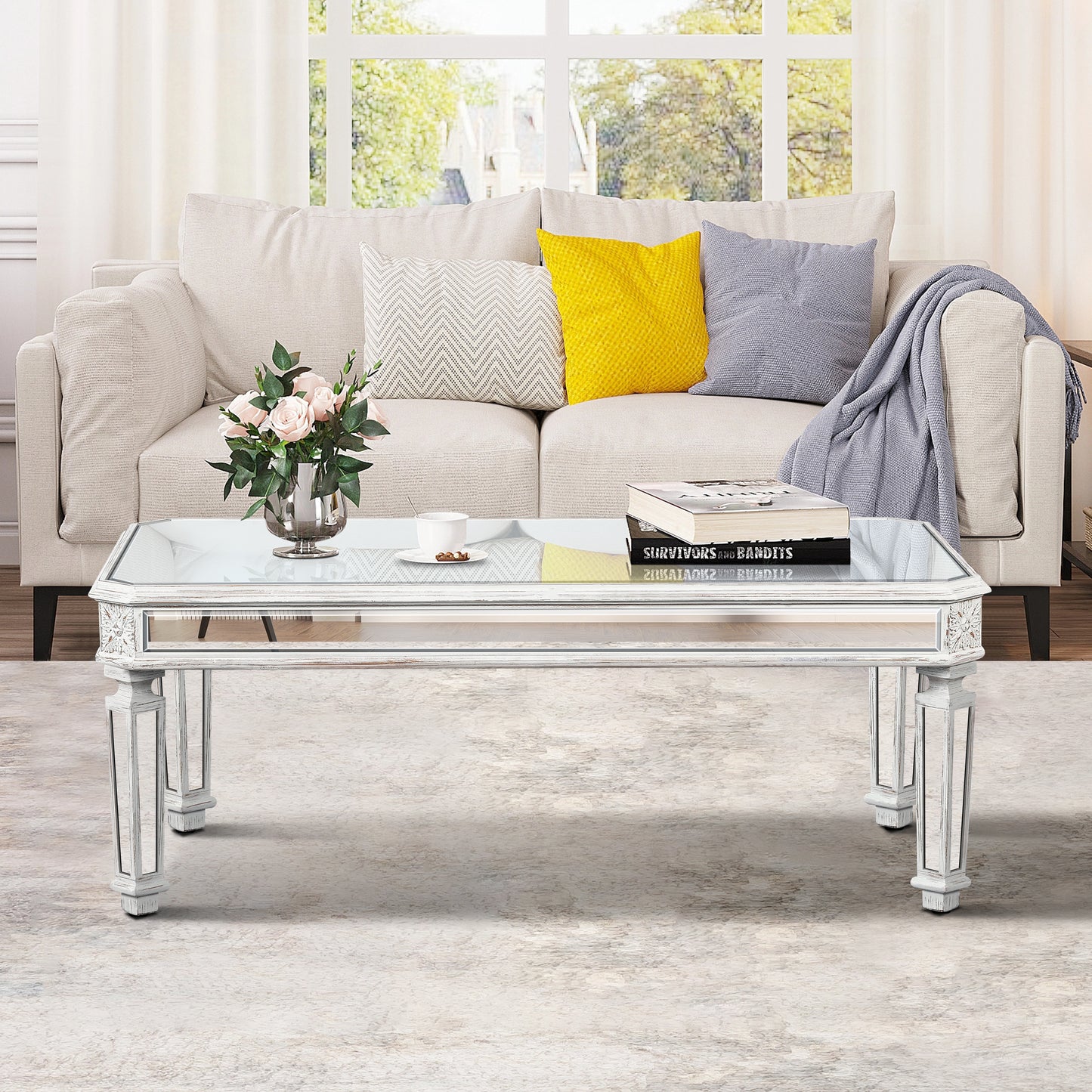 Silver Mirrored Coffee Table with Vintage Carved Elements - 48" W