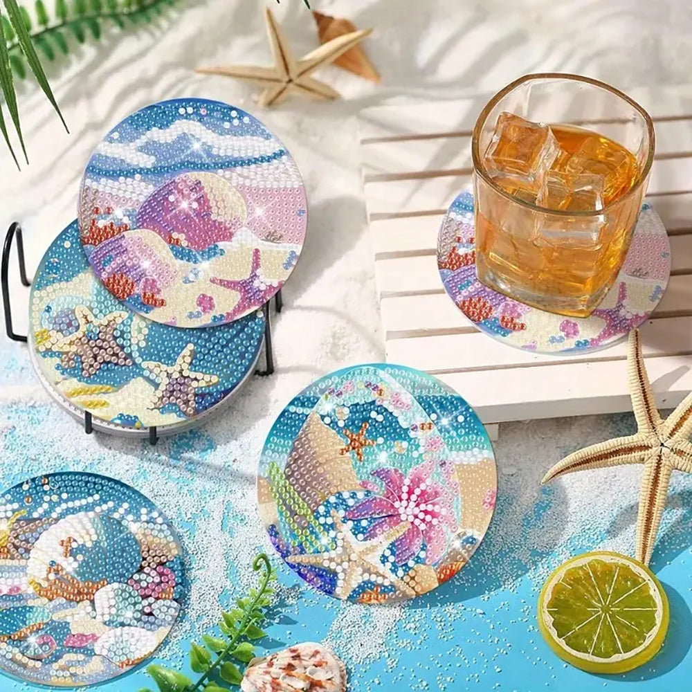Diamond Painting Coaster Kit with Holder for Beginners - Seaside Pattern, 9.7x9.7cm