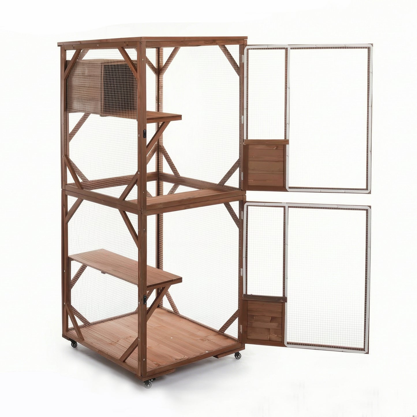 Outdoor Wooden Cat Enclosure with Lockable Wheels & Multi-Level Platforms, Weatherproof Fir Cat Cage