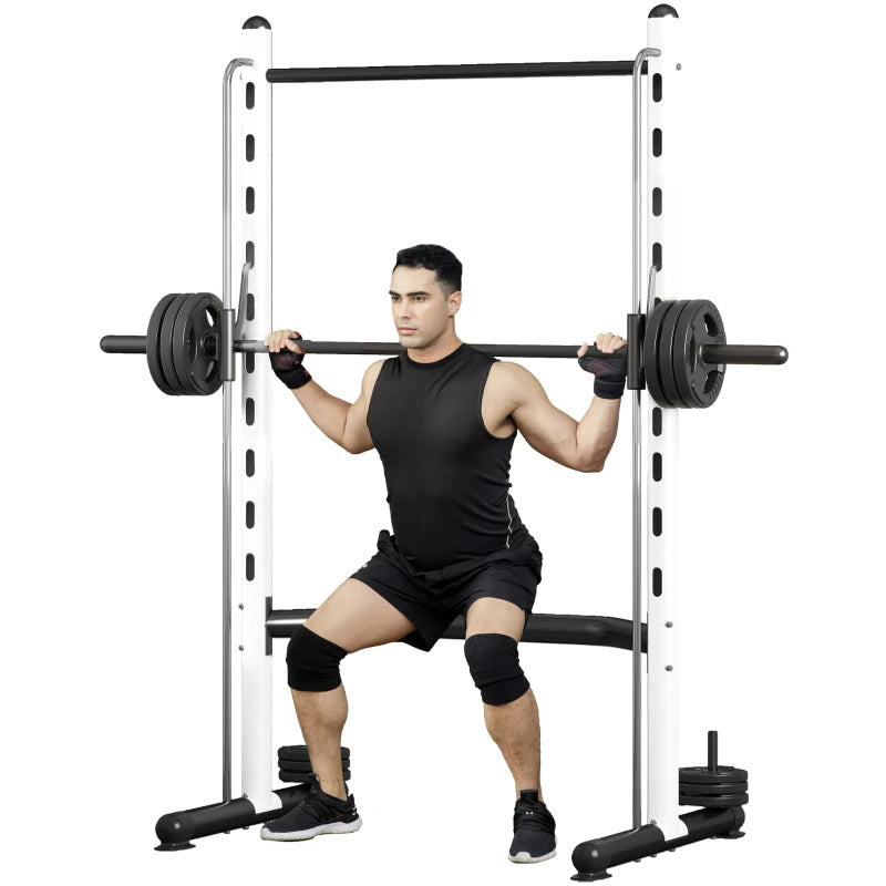Adjustable Squat Rack with Pull-Up Bar and Barbell Stand - White
