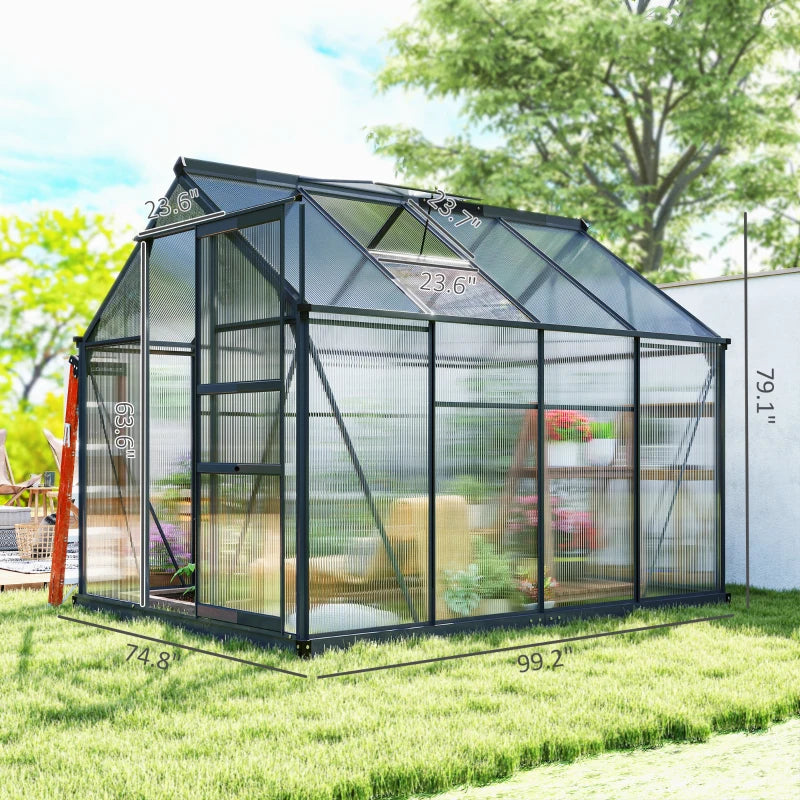 Heavy Duty Polycarbonate Greenhouse with Aluminum Frame, Walk-In Design, Vent Door, 6.2x8.3 ft Grey