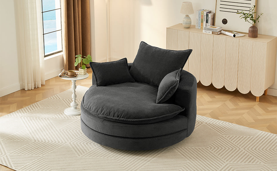 Oversized 360° Swivel Chair with Dual-Layer Cushions - Black
