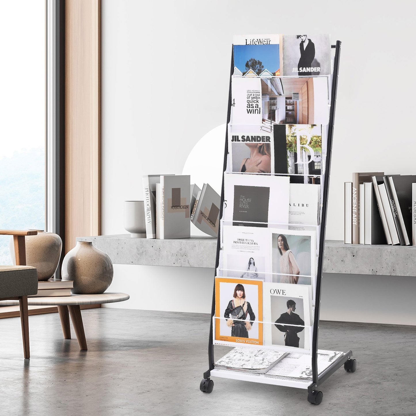 6-Tier Brochure Display Rack with Wheels - Magazine Holder