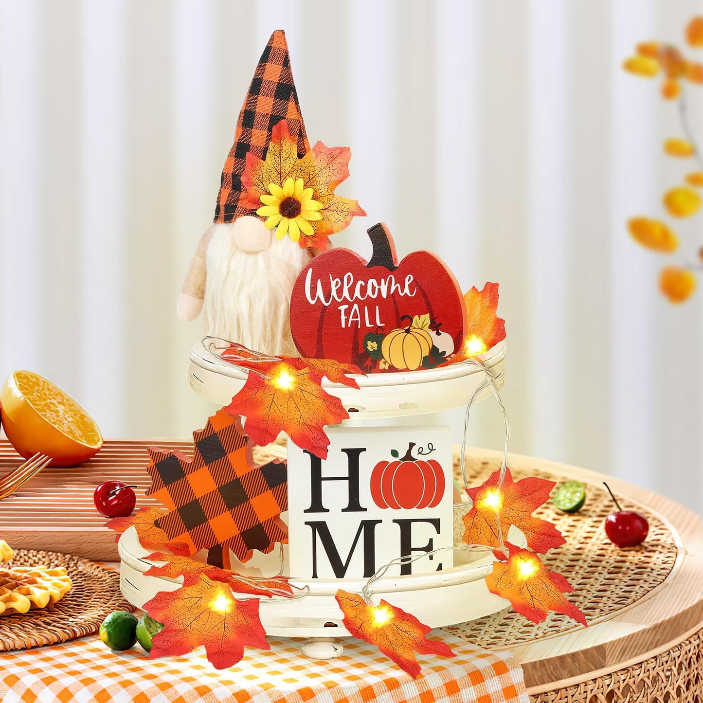 Fall Gnome Tiered Tray Decorations Set with LED Maple Leaf Lights