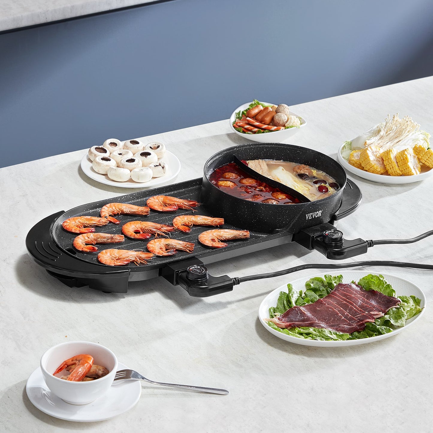 2200W 2-in-1 Electric Hot Pot & Grill, Smokeless Kitchen Appliance for 1-6 People
