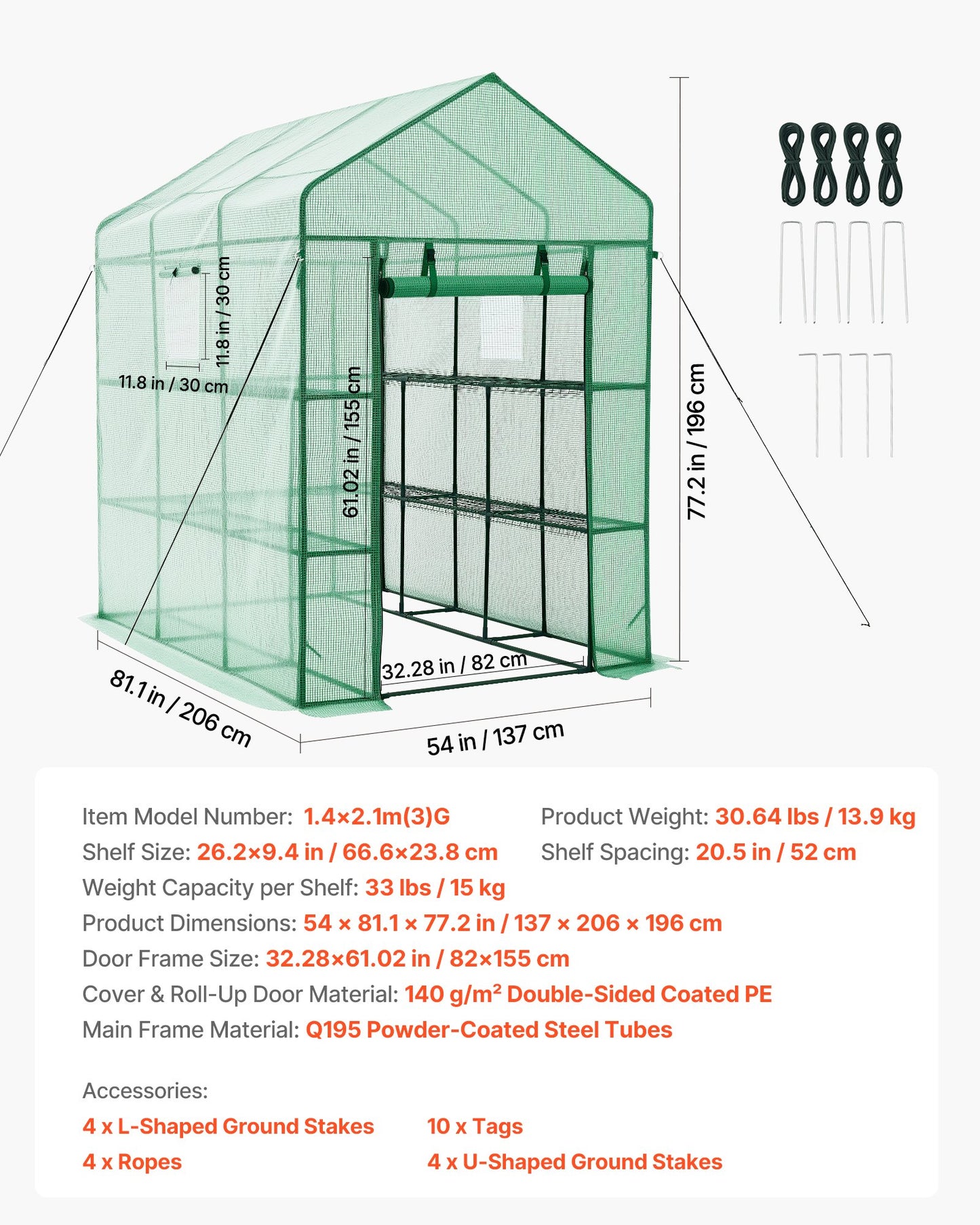 Walk-In Greenhouse with Shelves - 54x81.1x77.2 In, Steel Frame & PE Cover