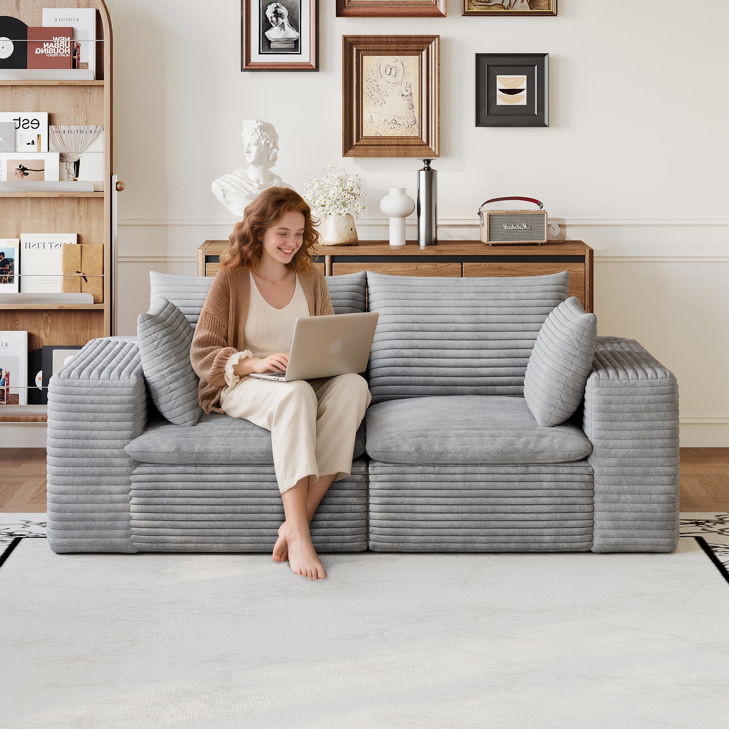 71" Cloud Sofa - Grey Corduroy Fabric, Deep Seat, Removable Cushion