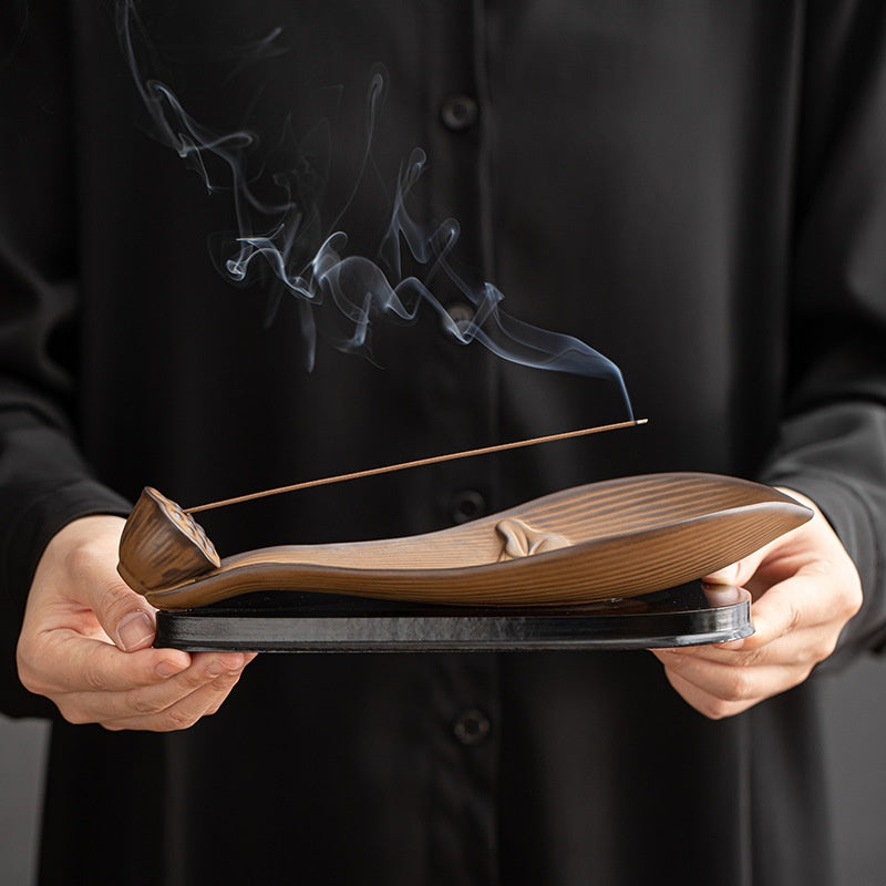 Ceramic Lotus Boat Incense Holder with Wooden Base - Zen Home Fragrance Decor