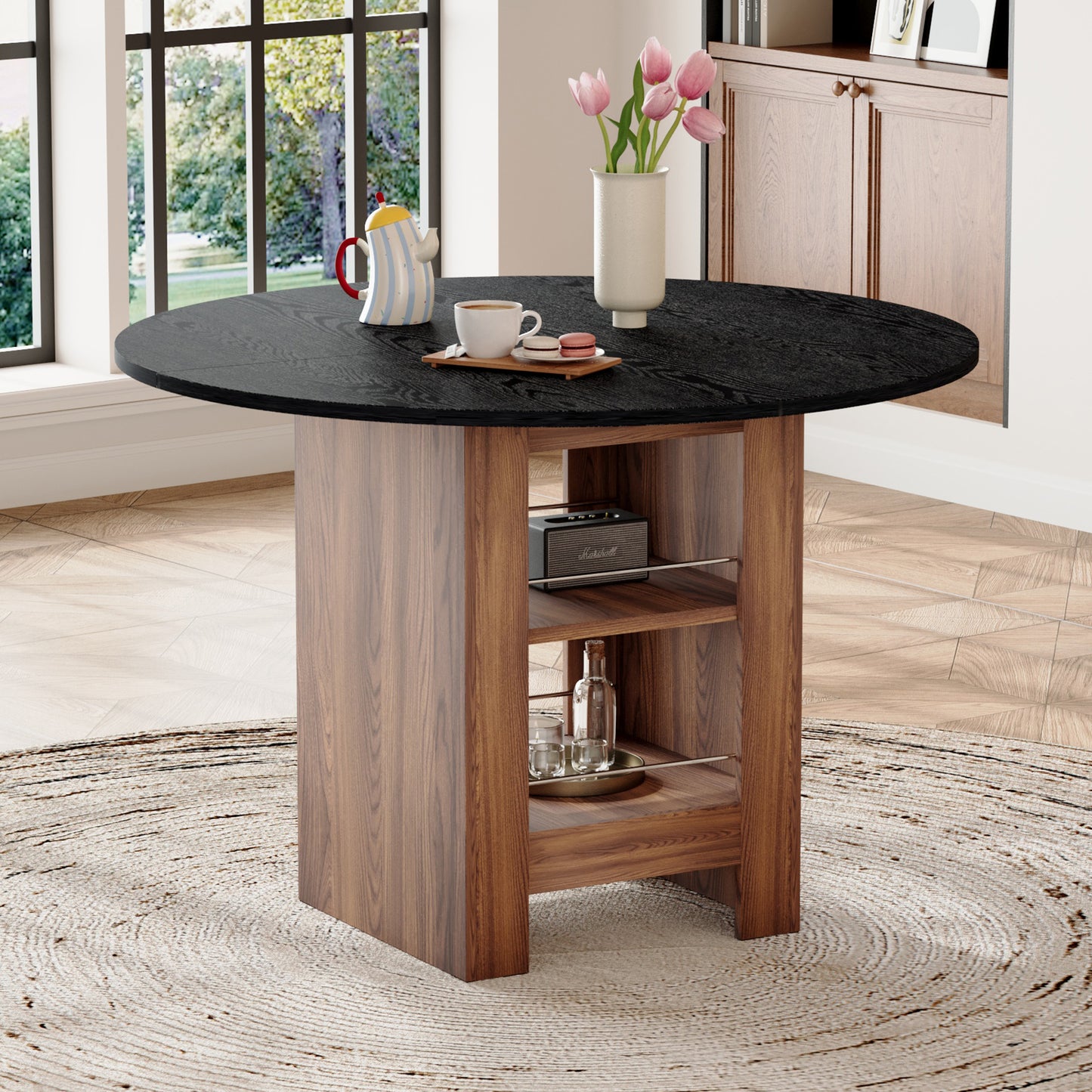 42 Inch Round MDF Black Dining Table-30 Inches High, With