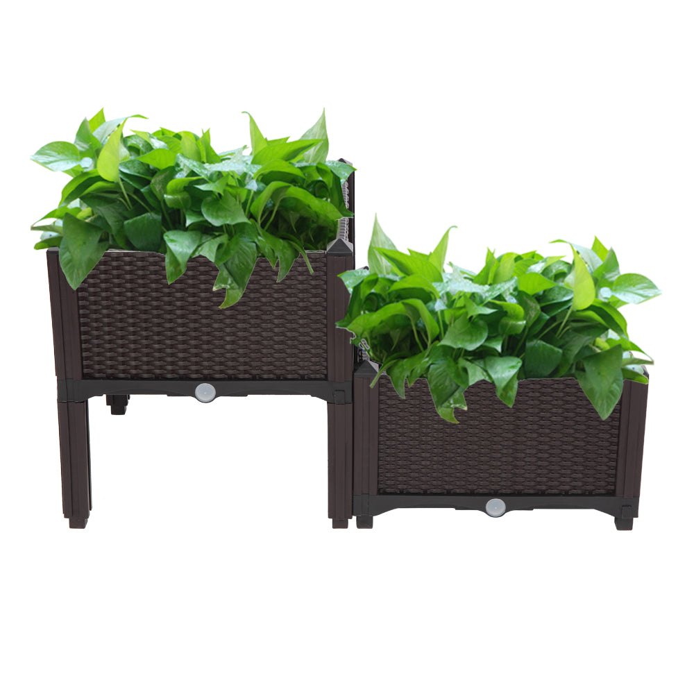 2PCS Brown Injection Molded Planting Box Garden Planter with Rattan Pattern